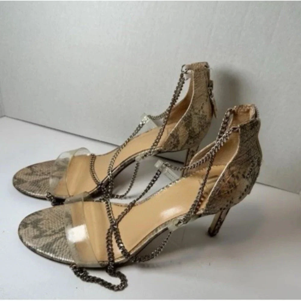 JLO‎ Strappy Snake Print Sandals Chain Detail High Heels Evening Party Shoes 9.5